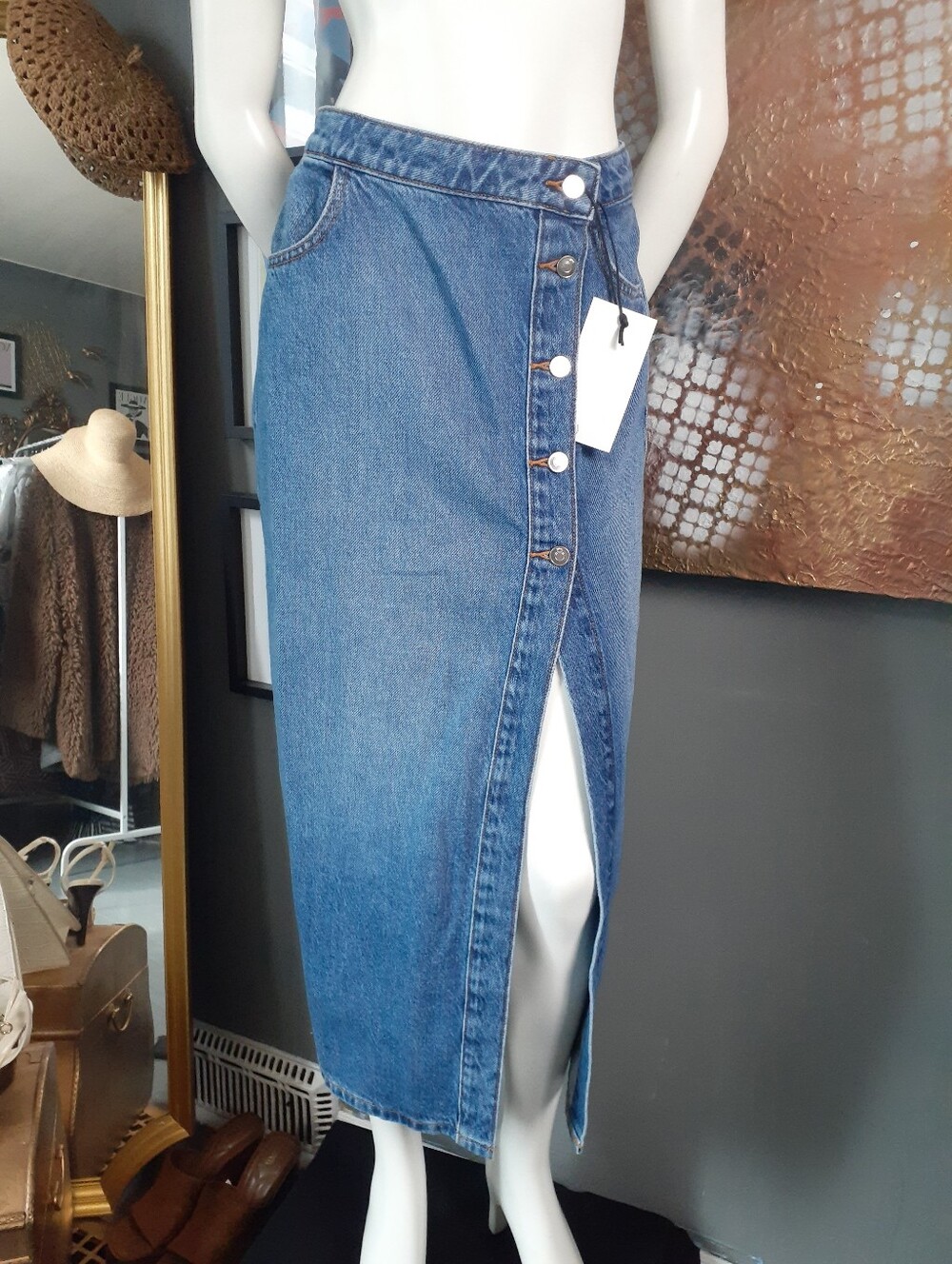 Zara Nwt Classic High-Waist Blue Denim Button-Front Skirt